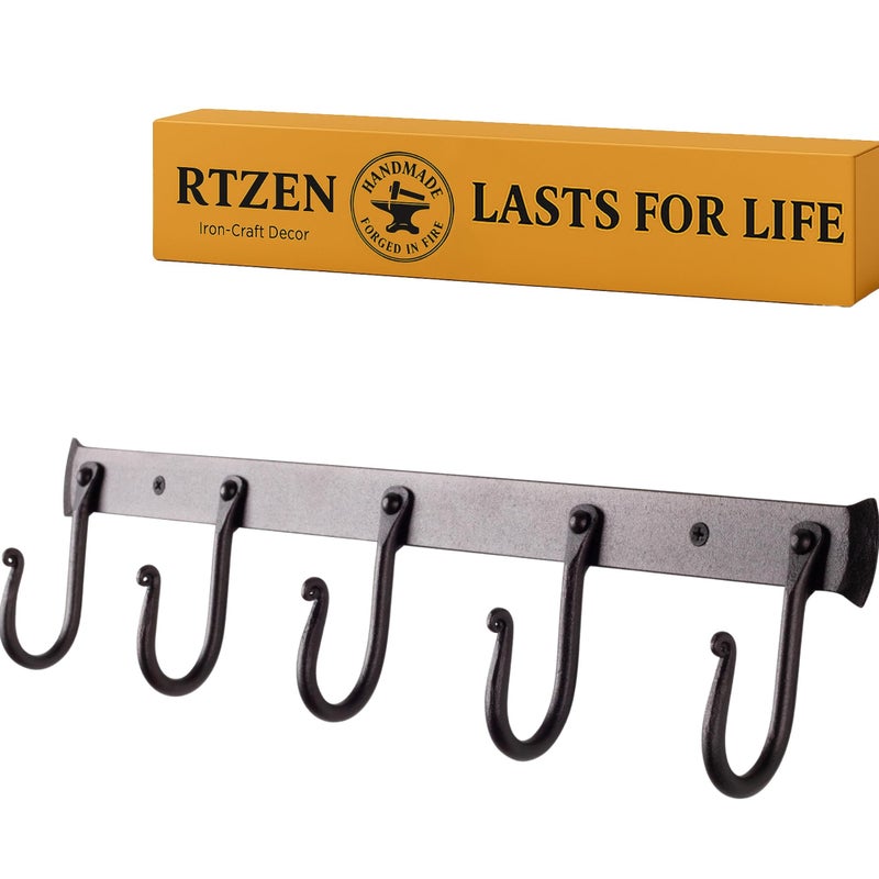RTZEN Wall Mount Hook Set - Wrought Iron Decorative Rustic Metal Coat Hooks for Hanging - Handcrafted Classic Farmhouse Wall Mounted Black Hooks for Towel Robe or Hat Hanging - 5 Hook Rack - Image 1